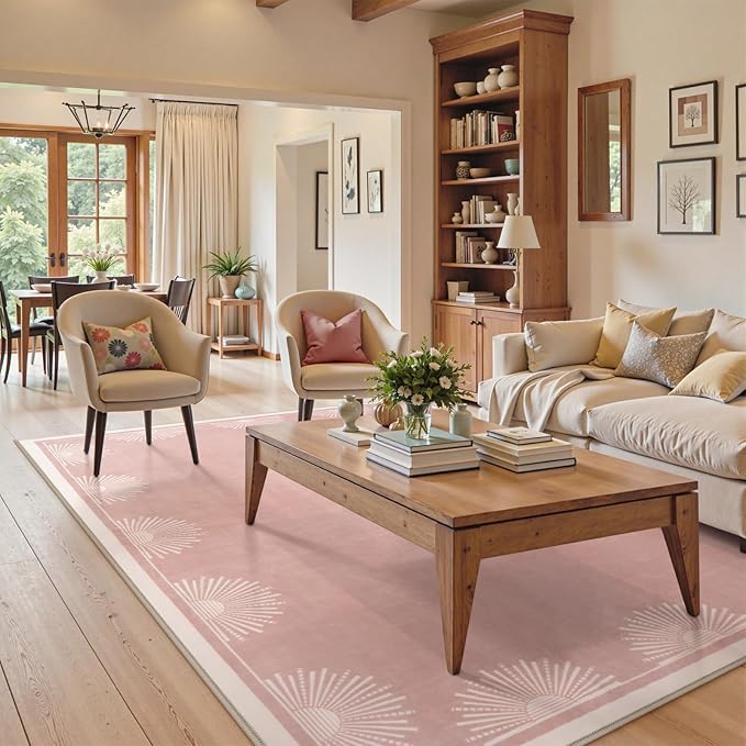 Modern Pink 8x10 Rug for Living Room,Ultra Thin Washable Bedroom Rug 8x10 Under Bed, Non Slip Sun Print Large Rugs, Non Shedding Throw Carpet for Girls Room Nursery Dorm(8'x10',Pink)