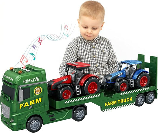 3-in-1 Farm Truck Toys for Kids Ages 3-6 - Inertia Semi Trailer with Tractor & Farm Vehicle, Light and Sound Play Set
