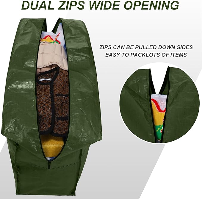 Windyun 4 Pack 57 Gallon Extra Large Storage Bag XXL Moving Bag with Zipper Handle Heavy Duty Jumbo Big Tote Box for Halloween Skeleton 4-12 Feet Christmas Tree Storage College Dorm Cloth (Army Green)