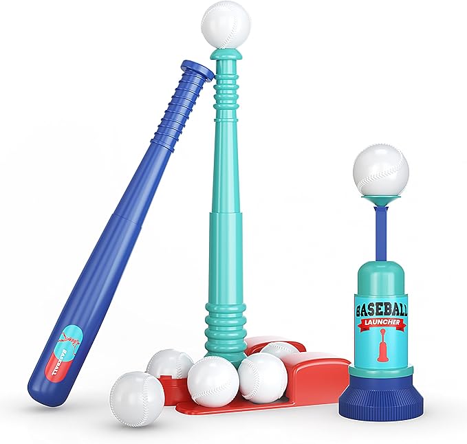 T Ball Stand for Kids and Toddlers 1-3, 3-5, 5-8. Baseball Set With 6 Large Balls, Adjustable Tball Batting Tee, and Pitching Machine. T-Ball Sets With Bat and Ball