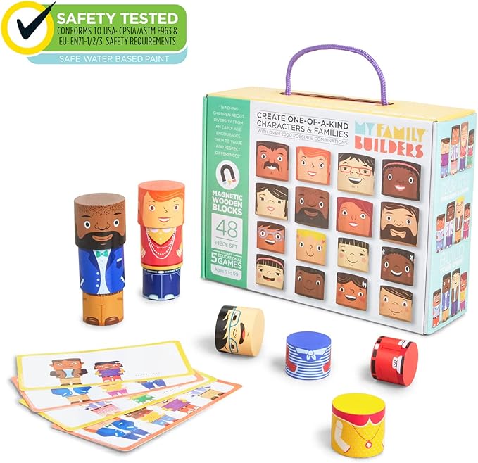 48-Piece Multiracial Family Play Set – Magnetic Wooden Diversity Building Blocks for Kids – SEL Toy Promoting Cultural Inclusion, Self-Esteem, and Eco-Friendly Play