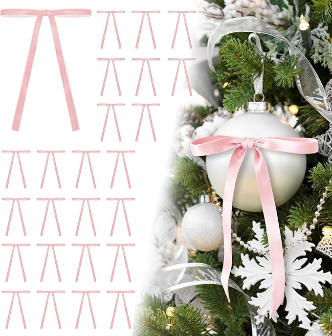 24Pcs Velvet Ribbon 5 x 7 Inch Christmas Ribbon 3/8 Inch Wide Christmas Bows Vintage Velvet Bows for Christmas Tree Pink Bows for Christmas Tree Decorations