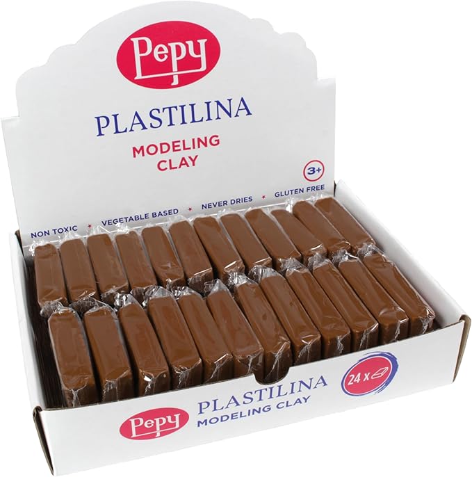 Pepy Plastilina Reusable and Non-Drying Modeling Clay; Set of 24 Bars, 1.4 Ounce Each, Perfect for Arts and Crafts Projects, Brown