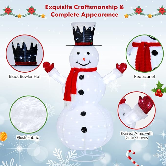 Tangkula 6 FT Lighted Christmas Snowman, Outdoor Pop-up Snowman Figure w/200 Lights, Red Scarf, Black Hat, Ground Stakes, Zip Ties, Collapsible Faux Light up Snowman for Party, Festival Decor