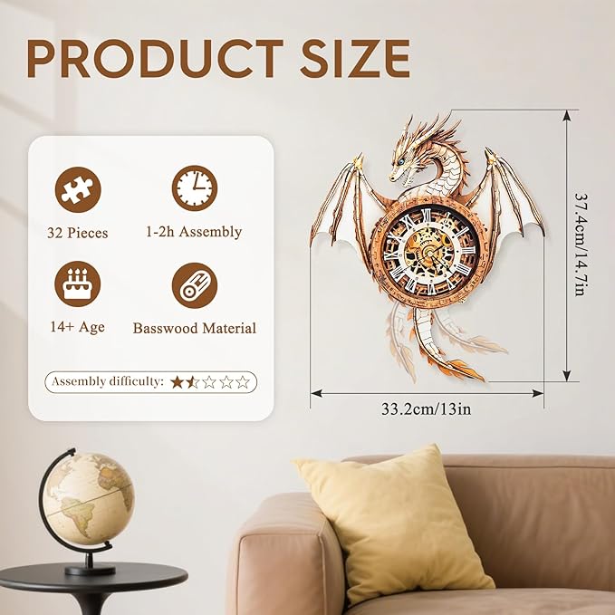 3D Puzzle for Adults Clock-Dragon Design Model Kit-Mechanical DIY Pendulum Clock with Roman Numerals-Desk Office Home Decor Personalized Gift for DIY Lovers