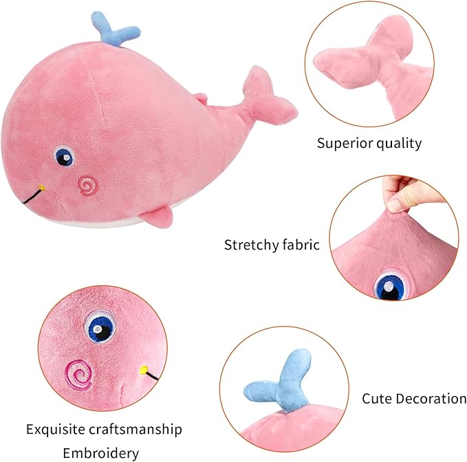 MUPI Squirting Whale Stuffed Animals Plush Pillow Cute Soft Cotton Plushies Pillows Kawaii Whale Toy Decor Gifts for Kids Boys Girls Adults (Pink, 10 Inch