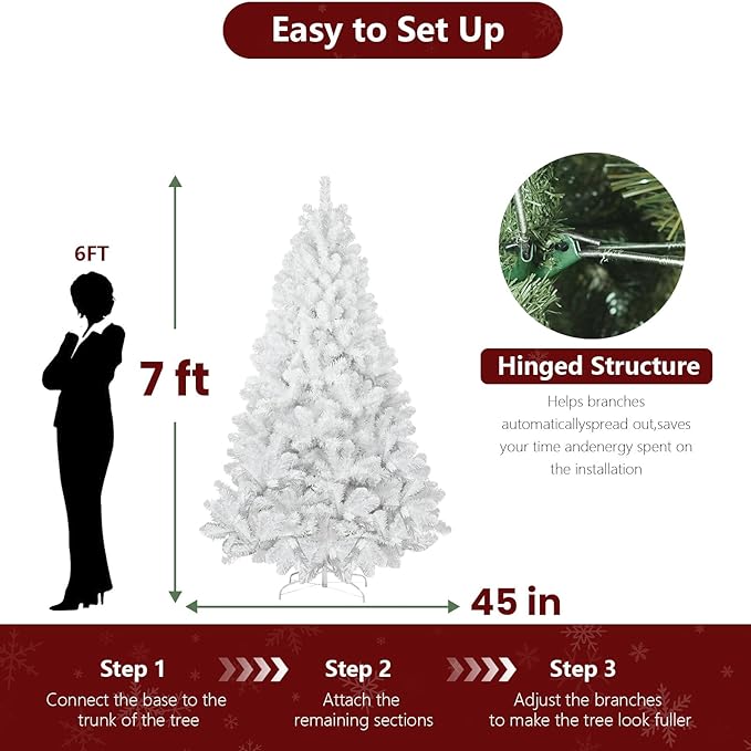 7ft White Christmas Tree with 1064 Steel Branch Tip,Unlit Premium Full Hinged Spruce Christmas Tree with Foldable Base, Artificial Xmas Tree for Easy Holiday Setup