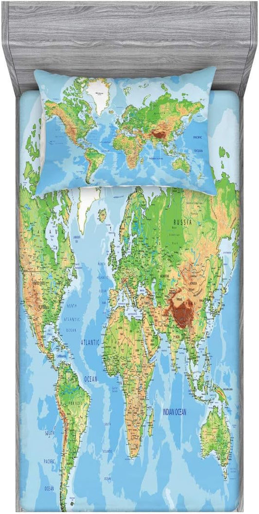 Ambesonne World Map Fitted Sheet & Pillow Sham Set, Classic Map of The Earth Continents Countries Oceans Mountains Vacation Themed, Decorative Printed 2 Piece Bedding Decor Set, Twinxl, Green Blue