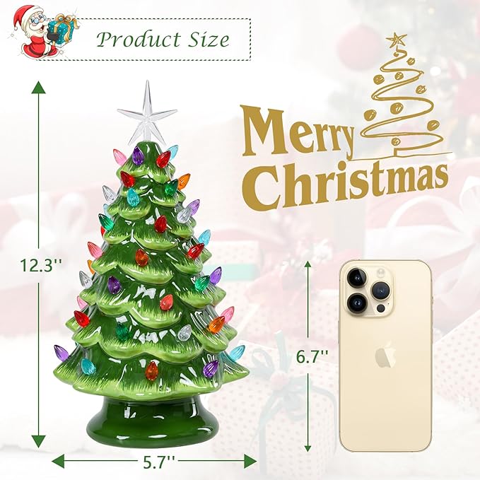 Small Ceramic Christmas Tree Hand-Painted Vintage Tabletop Green Christmas Tree Holiday Decoration with Multi-Color Lights Xmas Trees 12 inch