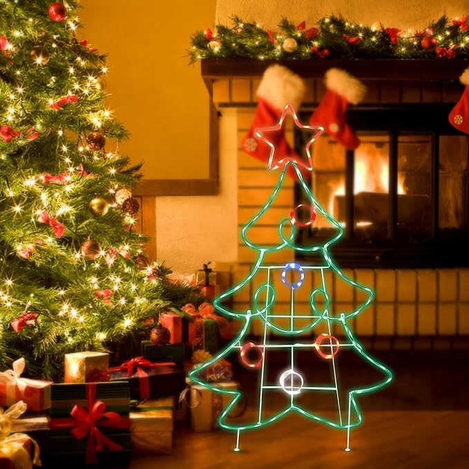 Outdoor Christmas Tree Decoration Christmas Lighted Xmas Tree with Star Neon Rope 126 LED Lights Decoration for Xmas Home Pathway Lawn Party Display