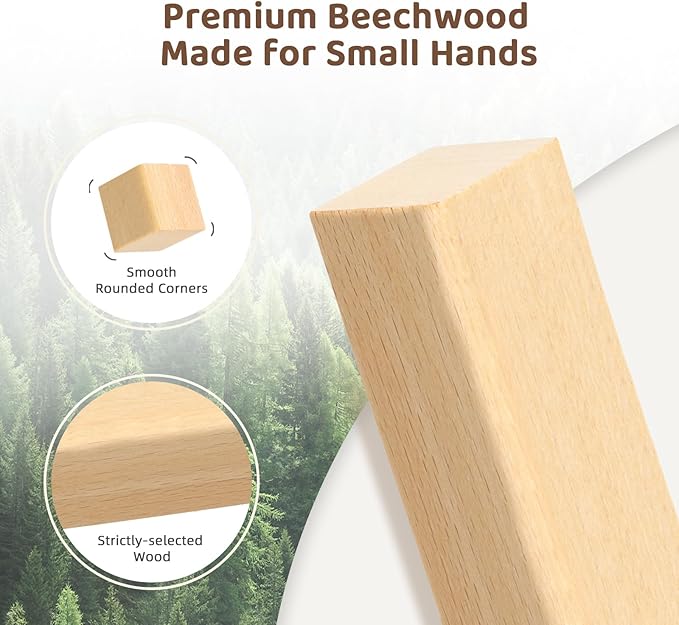 Natural Beech Wood Building Blocks for Toddlers 1-3, 100pcs Kids Wooden Blocks with Storage Bucket and Shape Sorter Lid, Preschool Learning Toys for Boys and Girls