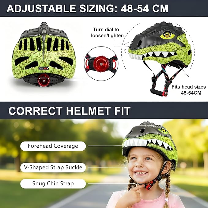 KINGBIKE Toddler Helmet 2-3-5-8 Years Kids Balance Bike Helmets Size Adjustable 3D Dinosaur with Led Light for Skateboard Scooter Cycling Skaterolling