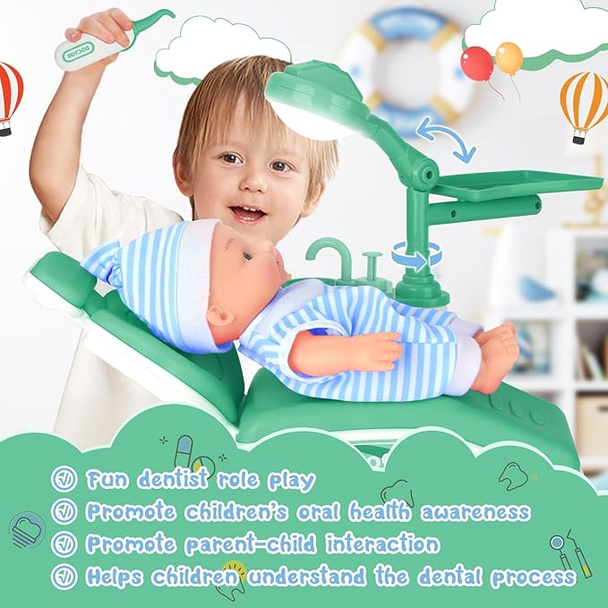 Doctor Kit for Toddlers 3-5, 28 Pcs Kids Dentist Play Set for Girls Boys Gift, Pretend Play Medical Kit with Chair, Dental Tools, Cute Doll, Kids Role Play Dentist Gift for Birthday Christmas(Green)
