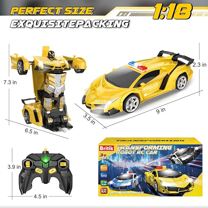 Transform Remote Control Car - Rc Cars, One-Button Transforming, 360° Rotation Drifting, 2.4ghz 1:18 Scale, Gift Kids Aged 4-6 Year Old Boys/Girls, Police Car Yellow