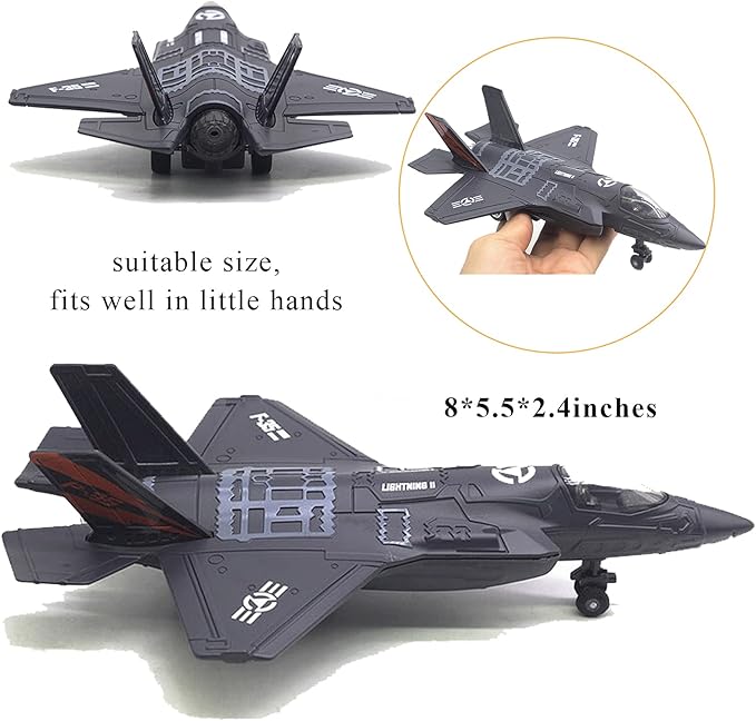OTONOPI Fighter Jet Military Plane Model F-35 Aircraft Army Air Force Diecast Metal Pull Back Bomber Attack Plane with Lights and Sounds for Kids or Commemorate Collection