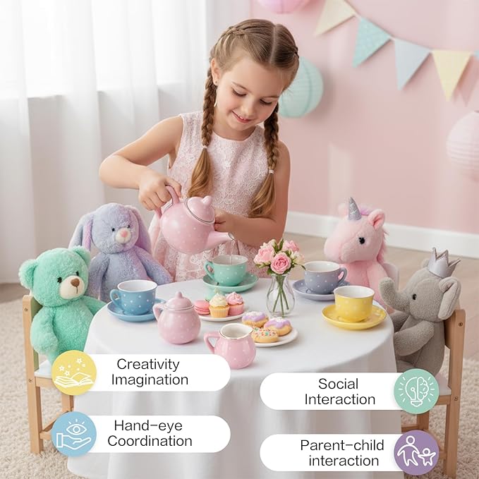 Porcelain Tea Set for Toddlers, Tea Party Set for Little Girls, Kids Tea Set Kitchen Pretend Play, Princess Tea Time Playset with Teapot Cups Carry Case, Toddler Girl Toys Birthday Gifts Age 3+