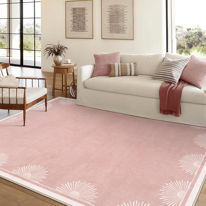 Modern 5x7 Pink Area Rugs for Bedroom Girls, Ultra Thin Washable Nursery Rug for Kids Room, Soft Sun Print Living Room Rug,Boho Non Shedding Floor Carpets for Classroom Dorm(5'x7',Pink)