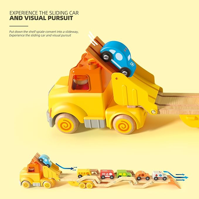 Toddler Toys for 2 3 4 5 Years Old Kids, Transport Car Carrier Truck Toy with 6 Wooden Vehicle, 30in Foldable Track Trailer with Light & Sound Effects, Best Gift Choice for Christmas, Birthday