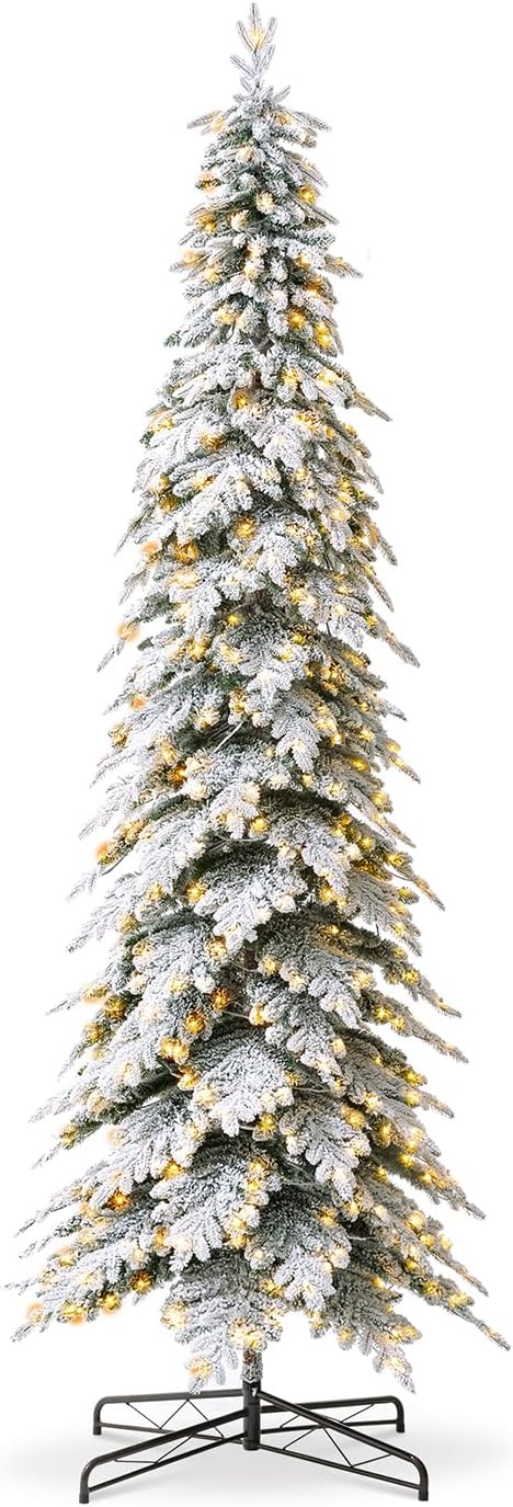 Glitzhome 11ft Prelit Christmas Tree, Artificial Christmas Tree with 700 Warm White Lights, Flocked Pencil Tree Chicago Frostwood Spruce Xmas Tree w/2890 PE&PVC Branch Tips and Sturdy Metal Stand