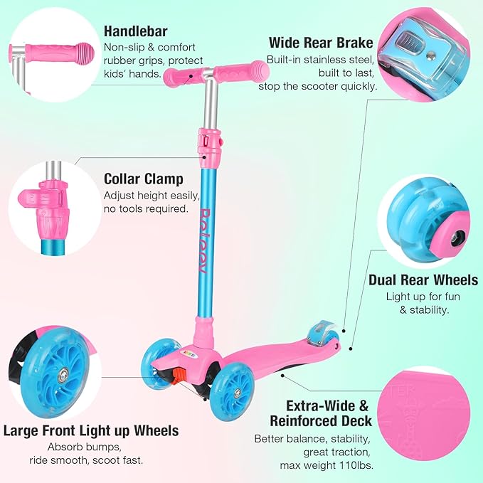 BELEEV A2 Scooters for Kids 3 Wheel Kick Scooter for Toddlers Girls Boys, 4 Adjustable Height, Lean to Steer, Light up Wheels, Extra-Wide Board, Easy to Assemble for Children Gift Sport Toys Ages 3-12