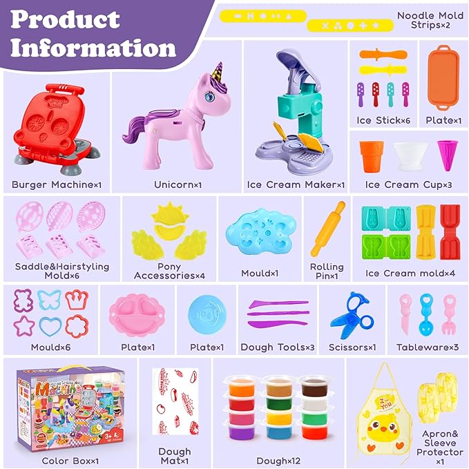 60 PCS 3 in 1 Dough Sets for Kids Ages 3-4-8, Art Crafts Dough Tools Kit, Unicorn Hair Stylist, Ice Cream Playset Hamburger Maker Machine, Kitchen Creations Food Play Toys Boys Girls