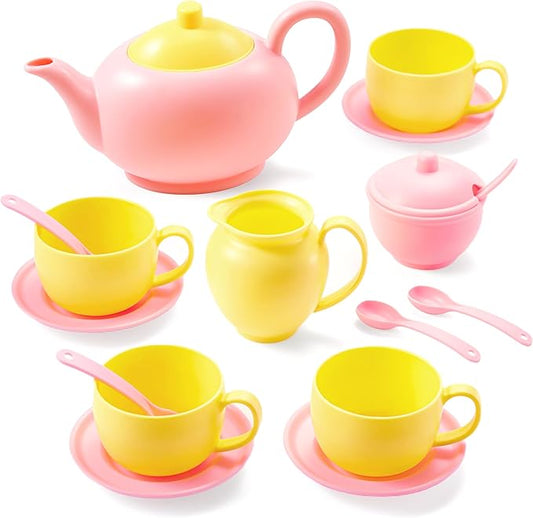 JOYIN 18PCS Pretend Tea Party Set, Pink Plastic Tea Set, Mini Kitchen for Kids, Gifts for Toddler Boys Girls, Gift for Christmas