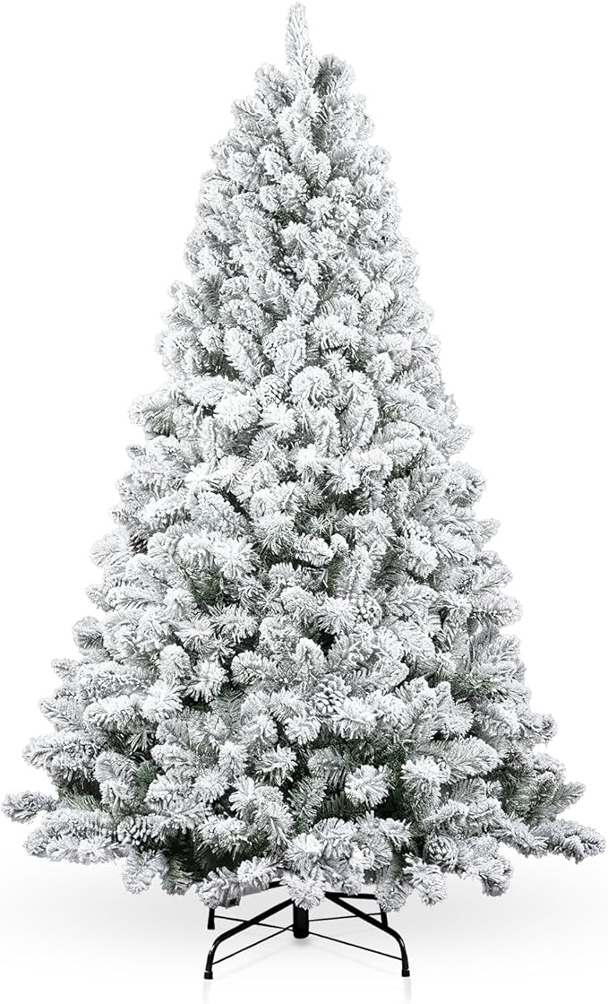 6 FT Artificial Christmas Tree, Snow Flocked Xmas Tree 860 Snowflake Branches, Hinged Pine Tree with Solid Metal Stand for Indoor and Outdoor Holiday Decoration