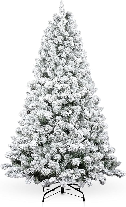 6 FT Artificial Christmas Tree, Snow Flocked Xmas Tree 860 Snowflake Branches, Hinged Pine Tree with Solid Metal Stand for Indoor and Outdoor Holiday Decoration