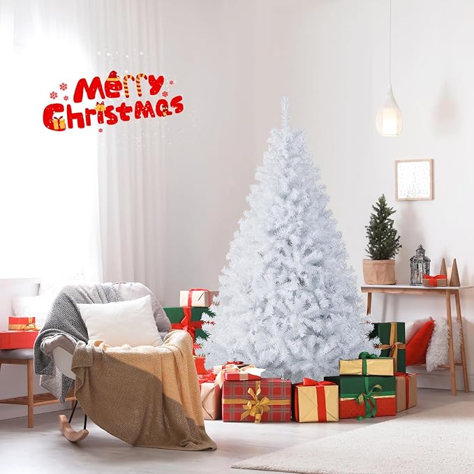 GOFLAME 6FT White Christmas Tree, Artificial Hinged Christmas Tree with 1000 PVC Branch Tips and Folding Metal Stand, Indoor Outdoor Xmas Decoration Tree for Home Office Party, Easy Setup