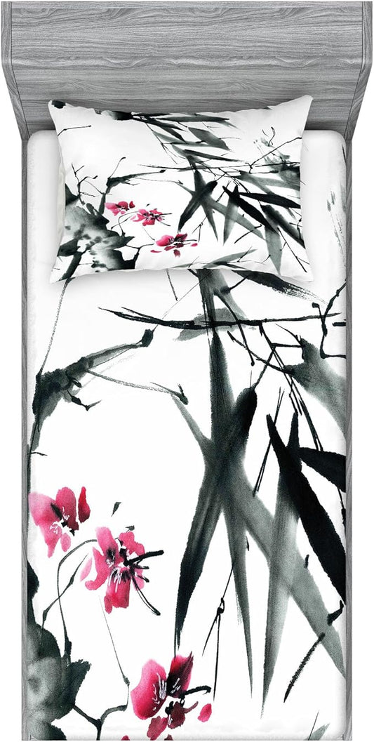 Ambesonne Japanese Fitted Sheet & Pillow Sham Set, Nature Concept Traditional Cherry Blossom Japanese Inspired Folk Print, Decorative Printed 2 Piece Bedding Decor Set, Twinxl, Dark Green and Fuchsia