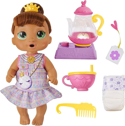 Baby Alive Bubbly Tea Party Sophia Sparkle Doll with Teapot Accessories, Brown Hair, 11 Inches, Toys for 3 Year Old Girls and Boys & Up