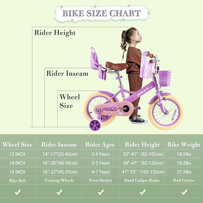 RULLY Kids Bike 12 14 16 inch for 2-7 Years Girls with Training Wheels & Front Handbrake, Kids Bicycle with Basket Bike Streamers Toddler Cycle Bikes