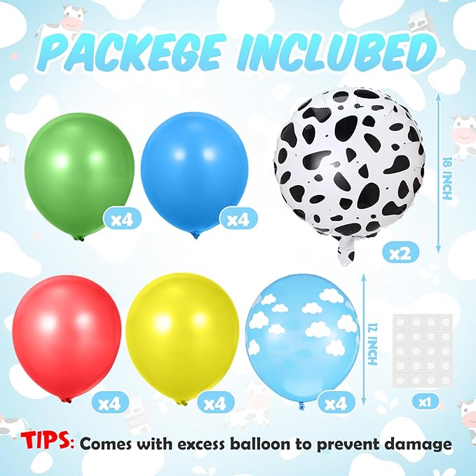 2 Sets Cartoon Birthday Party Decorations Table Centerpiece Red Yellow Blue Balloon Stand Kit with Cloud Cow Print Foil and Latex Balloon for Baby Shower Farm Animals Wedding Supplies
