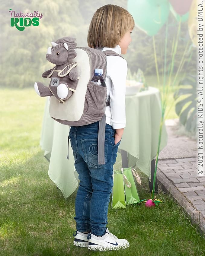 Naturally KIDS Grey Dinosaur Backpack for Boys 4-5, Triceratops Dinosaur Gifts for 4-5 Year Old Boys, Girls, Toddler Backpack