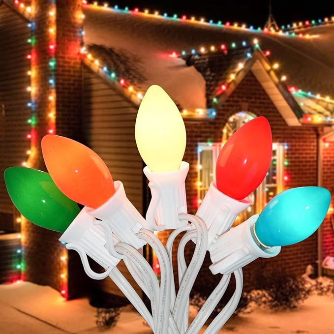 25Ft Christmas Lights Multicolor, C7 Vintage Christmas Light with 27 Colorful Ceramic Bulbs, Hanging Outdoor Christmas Lights for Christmas Tree Party Prom Wedding Holiday Patio Decor, White Wire