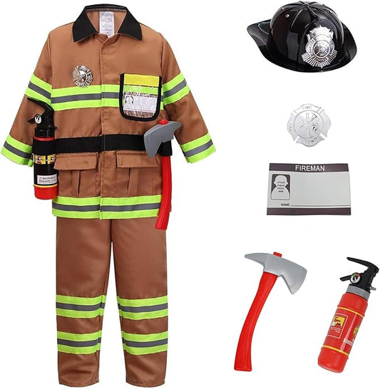 yolsun Fireman Costume for Kids, Boys' and Girls' Firefighter Dress up, Fire Fighter with Toy Accessories Halloween Role Play