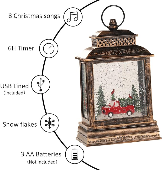11.75" Christmas Snow Globe Lamp with Christmas Tree & Red Truck Inside,Musical Waterglobe Holiday Decor with 6h Timer,USB Power, Indoor Use for Festive Room Light, Best Gift for Christmas,New Year