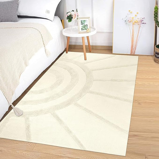 OJIA Boho Area Rug 4' X 6' Tufted Cotton Living Room Rug Hand Woven Machine Washable Rugs Farmhouse Tribal Sun Rug Floor Carpet Accent Rugs for Bedroom Nursery Room Dining Room