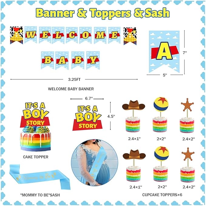 135 PCs Cartoon Toy Baby Shower Decorations, Homond Toy Themed It’s A Boy Story Decorations Backdrop Balloon Garland Arch Banner Box Cutout Tablecloth Cake Cupcake Topper Sash Blue