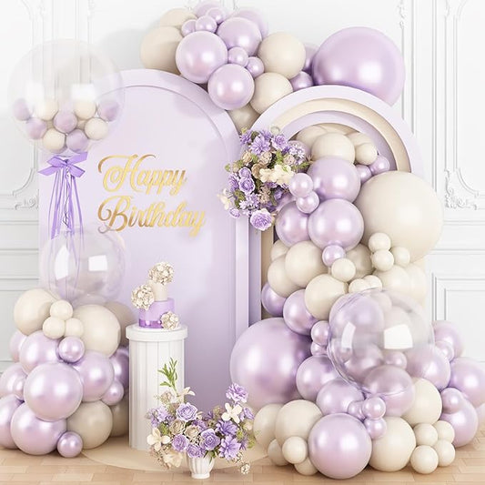Pearl Purple Balloon Arch Kit, Double Stuffed Lavender Sand White Balloon Garland Different Sizes 18/12/10/5 Inch Pearl Balloons for Wedding Bridal Shower Anniversary Birthday Party Decor
