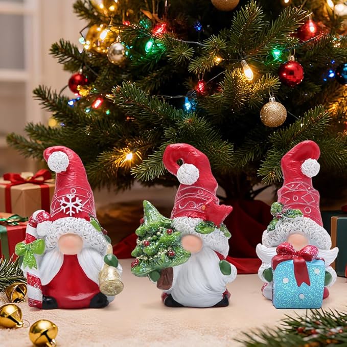 Hodao Christmas Gnome Decorations Set of 3 - Hand-Painted Resin Santa Gnomes with Candy Cane, Christmas Tree & Gift Box, Holiday Home Decor for Tiered Tray, Mantel, Tabletop, Windowsill