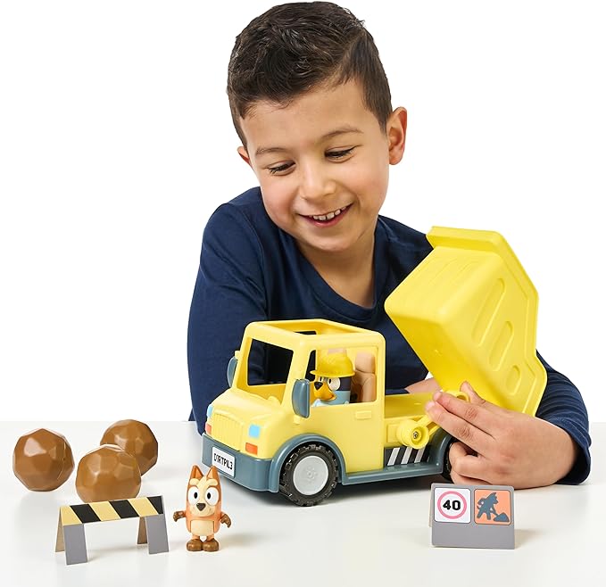 Bluey Dump Truck Toy with Hard Hat Muddy Bingo Figures | Load & Unload Rocks - Includes Safety Signs & Stickers | for Kids Ages 3+