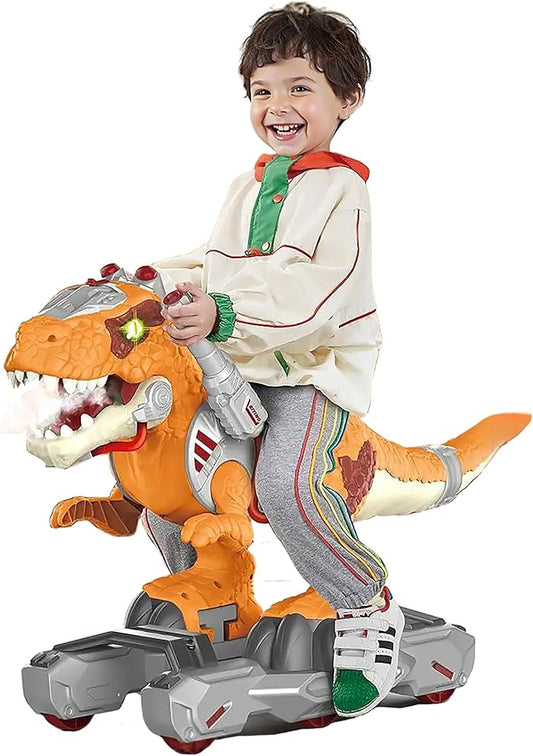 Dinosaur Ride-On Scooter for Toddlers – Electric Push & Ride Foot-to-Floor Sliding Rideable Toy with Music, Lights, Mist Spray for Boys & Girls - Orange (Orange)