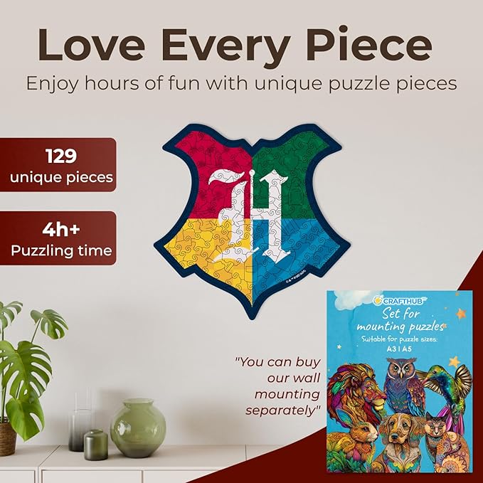 CRAFTHUB Harry Potter Puzzle – House Prides – A3 Size – Wooden Jigsaw Puzzles for Adults – 129 Unique Shaped Pieces – Officially Licensed Merchandise – 10.7" x 10.6"
