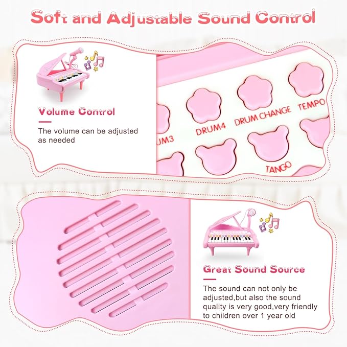 Love&Mini Pink Piano Toys for 1+Years Old Girls First Birthday Gifts Toddler Piano Music Toy Instruments with 24 Keys and Microphone