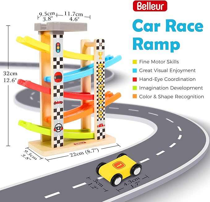 Montessori Toy for 1-3 Years Old Boys and Girls, Kid Race Track Car for Toddlers with 5 Mini Cars & 5 Ramps, Wooden Montessori Car Ramp Toy Set for Babies' Birthday Gifts, Visit Gifts