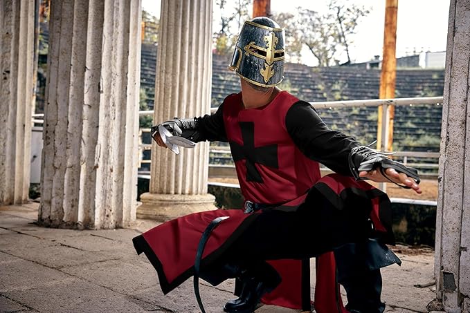 Ryannology Mens Crusader Costume Medieval Templar Renaissance Knight Warrior Tunic Retro Halloween Cosplay Top with Cross