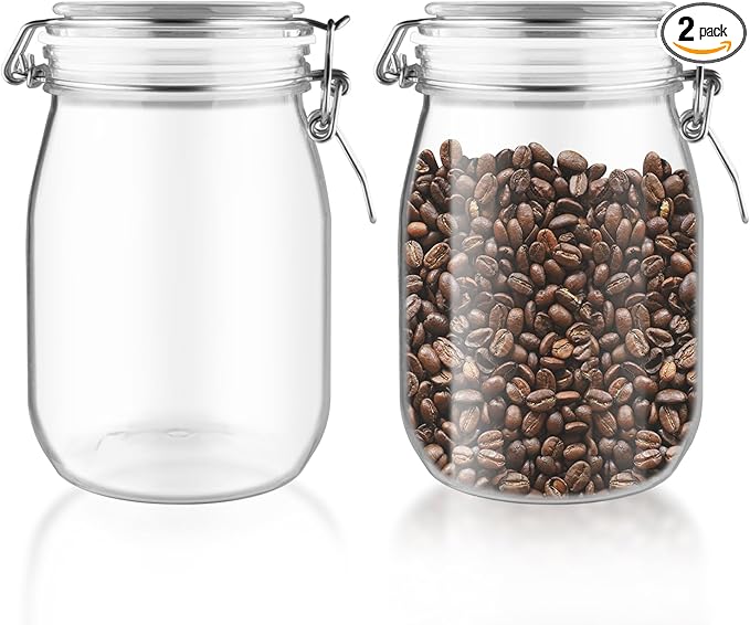 2 Pcs PET Plastic Storage Jar with Clamp Lid Empty Food Storage Container Bottle Large Refillable Canister For Nuts Sugar Coffee Candy Cookie Tea Spices And More (clear, 1000ml/33oz)