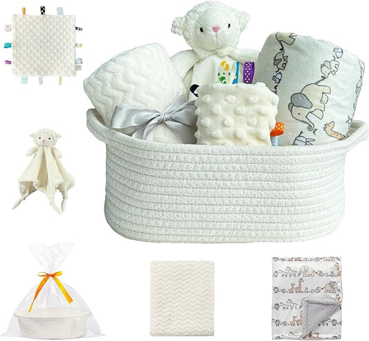 CREVENT Baby Welcome Gift Set Storage Basket with Two Blankets+ A Security Blanket + A Taggie + A Gift Bag with Ribbon (Ivory)