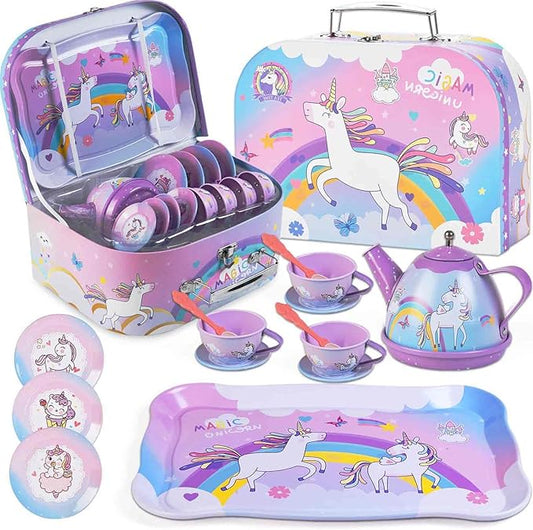 19Pcs Unicorn Toys Tea Party Set for Little Girls, Birthday Gift for Age 3 4 5 6 Year Old, Princess Tea Time Set Toys for Little Girls, Kids Toddlers Kitchen Pretend Toy with Tin Tea Set